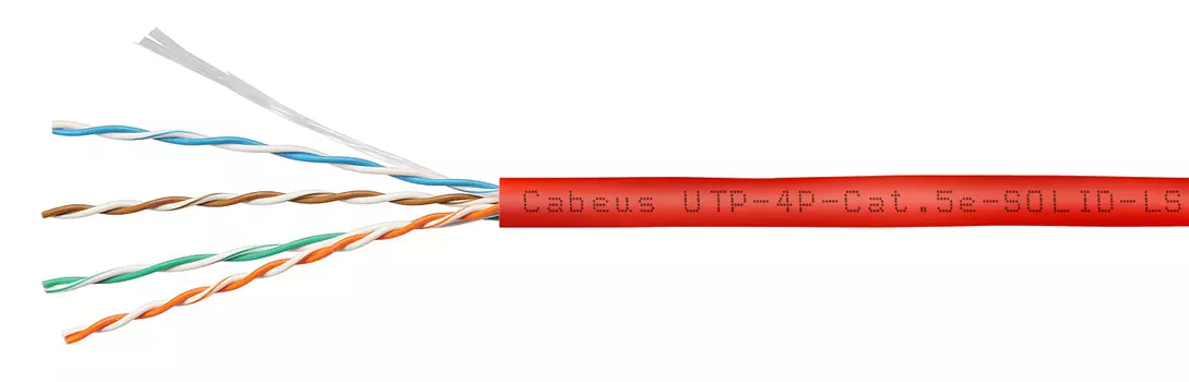 Витая пара UTP кат.5e, 4 пары, CU, 0.5 мм, 305м., внутренний, одножильный, нг(А)-HF, красный, Cabeus (UTP-4P-Cat.5e-SOLID-LSZH-RD)