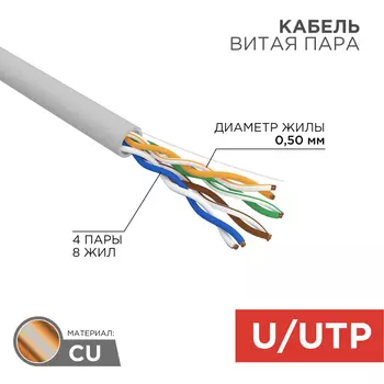 Витая пара UTP кат.5e, 4 пары, CU, 0.52 мм, 305м., внутренний, одножильный, PVC, серый, REXANT 01-0041-R (01-0041-R)