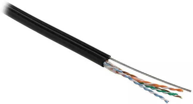 Витая пара UTP кат.5e, 4 пары, CU, 0.51 мм, 500м., внешний, одножильный, трос, черный, Hyperline (UUTP4-C5E-S24-2SW-OUT-PE-BK-500)