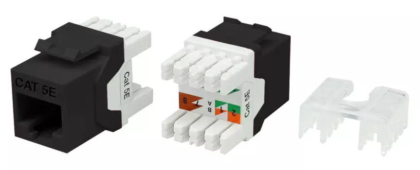 Вставка Keystone Hyperline 180 градусов, RJ-45(8P8C) cat.5e, 1шт., черный/белый (KJ8-8P8C-C5e-180-BK)