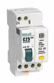 Выключатель автоматический дифференциального тока DEKraft ДИФ-102, 1P+N, C, 6А, AC/30мА (16001DEK)