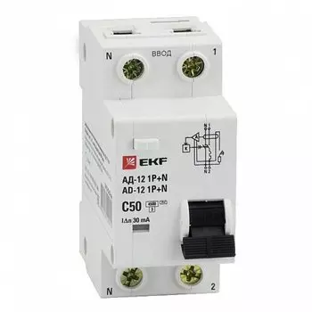Выключатель автоматический дифференциального тока EKF Basic DA12-50-30-bas, 1P+N, C, 50A, AC/30мА, электронный (449858)