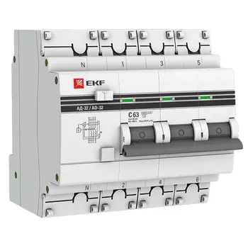 Выключатель автоматический дифференциального тока EKF PROxima DA32-63-30-4P-pro, 4P, C, 63А, AC/30мА, электронный (DA32-63-30-4P-pro)