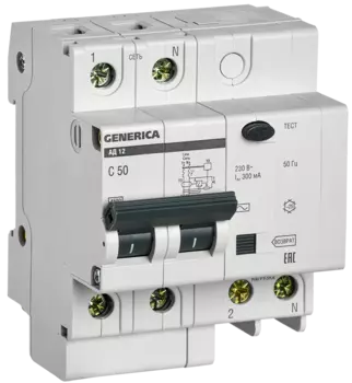 Выключатель автоматический дифференциального тока GENERICA АД12, 1P+N, C, 50А, AC/300мА (MAD15-2-050-C-300)