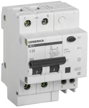 Выключатель автоматический дифференциального тока GENERICA АД12, 2P, C, 25А, AC/30мА (MAD15-2-025-C-030)