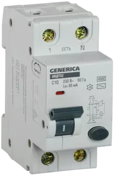 Выключатель автоматический дифференциального тока GENERICA АВДТ-32, 1P+N, C, 10А, AC/30мА (MAD25-5-010-C-30)