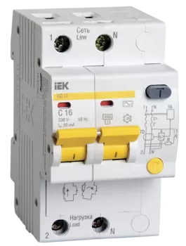 Выключатель автоматический дифференциального тока IEK АД12, 2P, B, 16А, AC/30мА (MAD10-2-016-C-030)