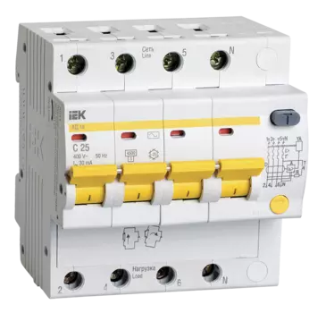 Выключатель автоматический дифференциального тока IEK АД14, 4P, C, 25А, AC/30мА (MAD10-4-025-C-030)