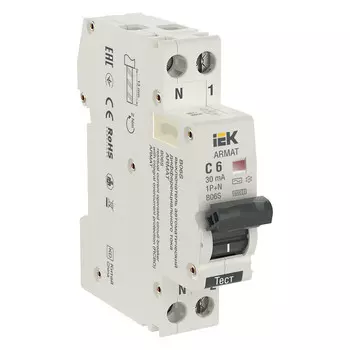 Выключатель автоматический дифференциального тока IEK ARMAT AR-B06S-1N-C06C030, 1P+N, C, 6А, AC/30мА, электронный, на DIN-рейку (AR-B06S-1N-C06C030)