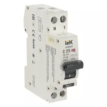 Выключатель автоматический дифференциального тока IEK ARMAT AR-B06S-1N-C25C030, 1P+N, C, 25А, AC/30мА, электронный, на DIN-рейку (AR-B06S-1N-C25C030)