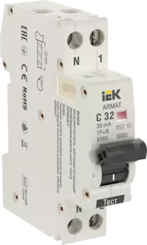Выключатель автоматический дифференциального тока IEK ARMAT B06S, 1P+N, C, 32А, AC/30мА (AR-B06S-1N-C32C030)