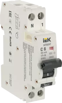 Выключатель автоматический дифференциального тока IEK ARMAT B06S, 1P+N, C, 6A, A/30мА (AR-B06S-1N-C06A030)