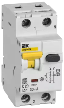 Выключатель автоматический дифференциального тока IEK АВДТ32EM, 2P, C, 20A, A/30мА (MVD14-1-020-C-030)