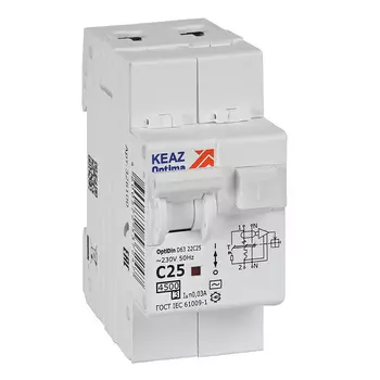 Выключатель автоматический дифференциального тока КЭАЗ OptiDin D63-22C25-AC-У3, 2P, C, 25А, AC/30мА (328100)