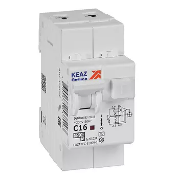 Выключатель автоматический дифференциального тока КЭАЗ OptiDin D63-22C16-AC-У3, 2P, C, 16А, AC/30мА (328098)