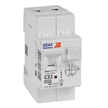 Выключатель автоматический дифференциального тока КЭАЗ OptiDin D63-22C32-AC-У3, 2P, C, 32А, AC/30мА (328101)