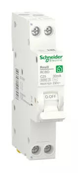 Выключатель автоматический дифференциального тока Schneider Electric Resi9 R9D87625, 1P+N, C, 25A, AC/30мА, электронный, на DIN-рейку (R9D87625)