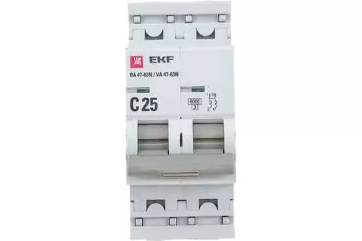 Выключатель автоматический EKF 47-63N PROxima двухполюсный (2P/2П) 25А C 6 kA (M636225C)