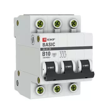 Выключатель автоматический EKF ВА 47-29 трехполюсный (3P/3П) 10А B 4,5 кА (mcb4729-3-10-B)