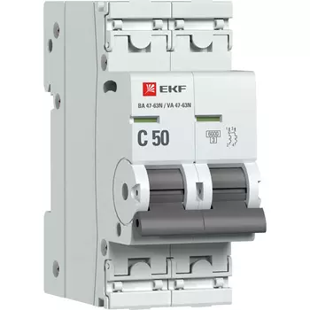 Выключатель автоматический EKF ВА 47-63N PROxima двухполюсный (2P/2П) 50А C 6 kA (M636250C)