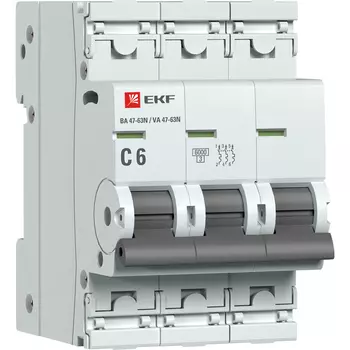 Выключатель автоматический EKF ВА 47-63N PROxima трехполюсный (3P/3П) 6А C 6 kA (M636306C)