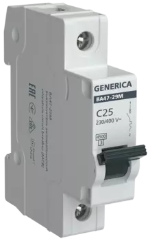 Выключатель автоматический GENERICA ВА47-29М однополюсный (1P/1П) 25А C 4.5кА (MVA21-1-025-C-G)