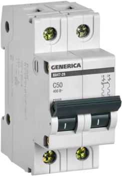 Выключатель автоматический IEK GENERICA двухполюсный (2P/2П) 50А C 4.5кА (MVA25-2-050-C)