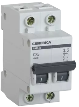 Выключатель автоматический IEK ВА47-29 GENERICA двухполюсный (2P/2П) 25А C 4.5кА (MVA25-2-025-C)