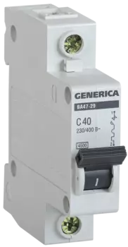 Выключатель автоматический IEK ВА47-29 GENERICA однополюсный (1P/1П) 40A C 4.5кА (MVA25-1-040-C)