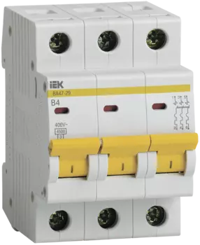 Выключатель автоматический IEK ВА47-29 трехполюсный (3P/3П) 4A B 4.5кА (MVA20-3-004-B)