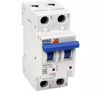 Выключатель автоматический КЭАЗ BM63-2B63-4.5-УХЛ3 OptiDin двухполюсный (2P/2П) 50А B 4,5 кА (329516)