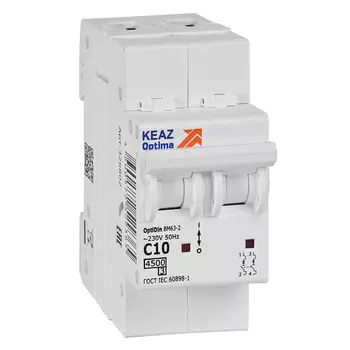 Выключатель автоматический КЭАЗ BM63-2C10-4,5-УХЛ3 OptiDin двухполюсный (2P/2П) 10А C 4.5кА (326802)