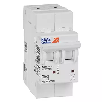 Выключатель автоматический КЭАЗ BM63-2C6-4.5-УХЛ3 OptiDin двухполюсный (2P/2П) 6А C 4.5кА (326801)