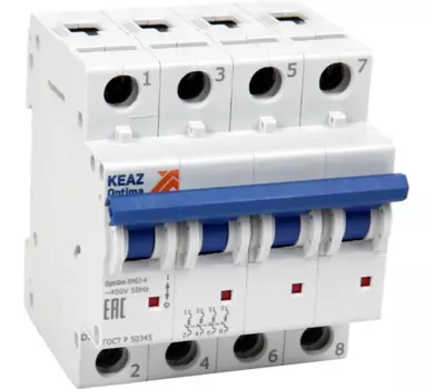 Выключатель автоматический КЭАЗ BM63-4C10-4.5-УХЛ3 OptiDin четырехполюсный (4P/4П) 10А C 4,5 кА (326820)