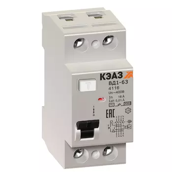 Выключатель дифференциальный (УЗО), 2P, 63A, 30мА, тип АС, КЭАЗ (221907)