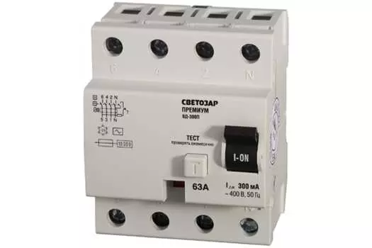 Выключатель дифференциальный (УЗО), 4P, 63A, 300мА, электромеханический, тип АС, СВЕТОЗАР (SV-49134-300-63)