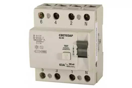 Выключатель дифференциальный (УЗО), 4P, 63A, 300мА, электромеханический, тип АС, СВЕТОЗАР (SV-49174-300-63)