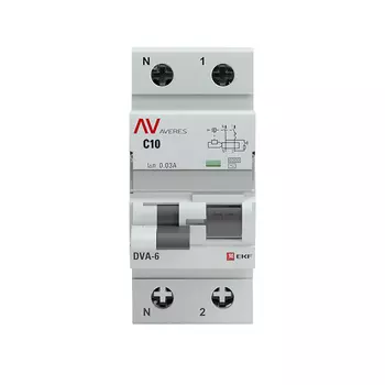 Выключатель дифференциальный (УЗО) AVERES DVA-6, 1P+N, 10А, 30мА, тип AC, EKF (rcbo6-1pn-10C-30-ac-av)