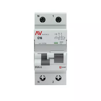 Выключатель дифференциальный (УЗО) AVERES DVA-6, 1P+N, 16А, 30мА, тип AC, EKF (rcbo6-1pn-16C-30-ac-av)