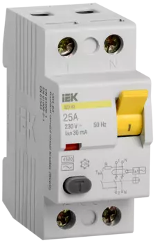 Выключатель дифференциальный (УЗО) ВД1-63, 2P, 25А, 30мА, электромеханический, тип АС, IEK (MDV10-2-025-030)