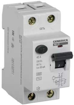 Выключатель дифференциальный (УЗО) ВД1-63, 2P, 40А, 30мА, электромеханический, тип АС, GENERICA (MDV15-2-040-030)