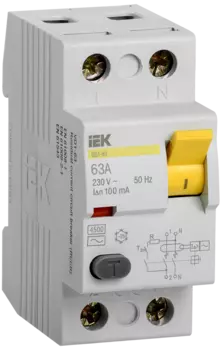Выключатель дифференциальный (УЗО) ВД1-63, 2P, 63А, 100мА, электромеханический, тип АС, IEK