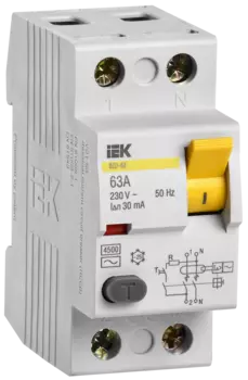 Выключатель дифференциальный (УЗО) ВД1-63, 2P, 63А, 30мА, электромеханический, тип АС, IEK (MDV10-2-063-030)