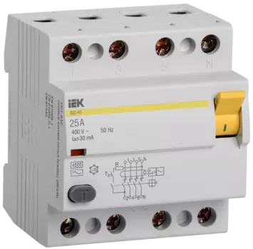 Выключатель дифференциальный (УЗО) ВД1-63, 4P, 25А, 30мА, электромеханический, тип АС, IEK