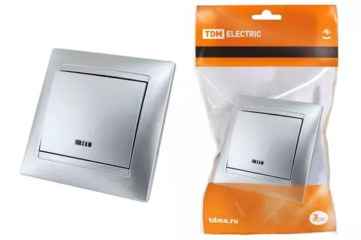 Выключатель TDM Лама, 1кл., индикатор/подсветка, скрытый монтаж, в сборе, серебро (SQ1815-0204)