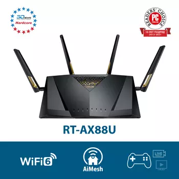 Wi-Fi роутер ASUS RT-AX88U, 802.11a/b/g/n/ac/ad/ax, 2.4 / 5 ГГц, до 4.8 Гбит/с, LAN 8x1 Гбит/с, WAN 1x1 Гбит/с, внешних антенн: 4, 2шт.xUSB 2.0, 2шт.xUSB 3.0 (90IG04F0-MN3G00)
