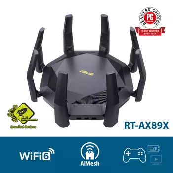 Wi-Fi роутер ASUS RT-AX89X, 802.11a/b/g/n/ac/ax, 2.4 / 5 ГГц, до 6 Гбит/с, LAN 8x1 Гбит/с, WAN 1x10 Гбит/с, внешних антенн: 8, 2xUSB 3.0 (90IG04J1-BM3010)