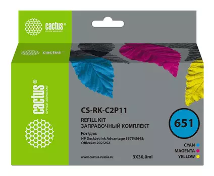 Заправочный набор струйный Cactus CS-RK-C2P11/CS-RK-C2P11, 3x30 мл, голубой/ пурпурный/ желтый для HP ENVY 5640 HP ENVY 5642 HP ENVY 5643 HP ENVY 5644 HP ENVY 5646 HP ENVY 5660 HP ENVY 5665 Eaio HP ENVY 7640 HP ENVY 7645 HP ENVY 8000 HP ENVY 8005 HP OfficeJet 202 HP OfficeJet 252 HP OfficeJet 5575 HP OfficeJet 5740 HP OfficeJet 5742 HP OfficeJet 5744 HP OfficeJet 5745 HP OfficeJet 5746 eAIO (№651) совместимый