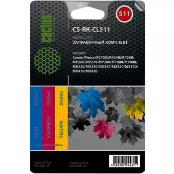 Заправочный набор струйный Cactus CS-RK-CL511, 3x30мл, голубой/ пурпурный/ желтый для MP240/ MP250/MP260/ MP270 (CL511) совместимый