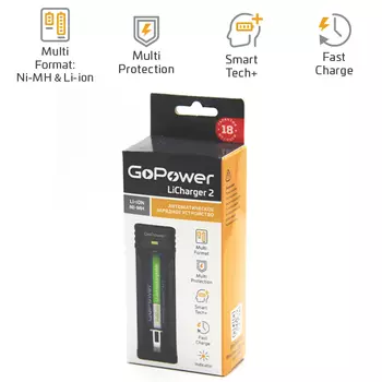 Зарядное устройство для аккумуляторов GoPower LiCharger 2, 1x1 Ni-Cd / Ni-MH аккумулято раразмера A, AA, AAA, AAAA, C, SC; 1 Li-ion IMR/INR/ICR аккумулятора 3,6В/ 3,7В размера 10440, 10500, 12650, 14500, 14650, 16340 (CR123A), 16500, 16650, 17500, 17650, 17670, 18490, 18500, 18650, 18700, 20700, 21700, 22500, 22650, 25500, 26500, 26650, черный (00-00015361)